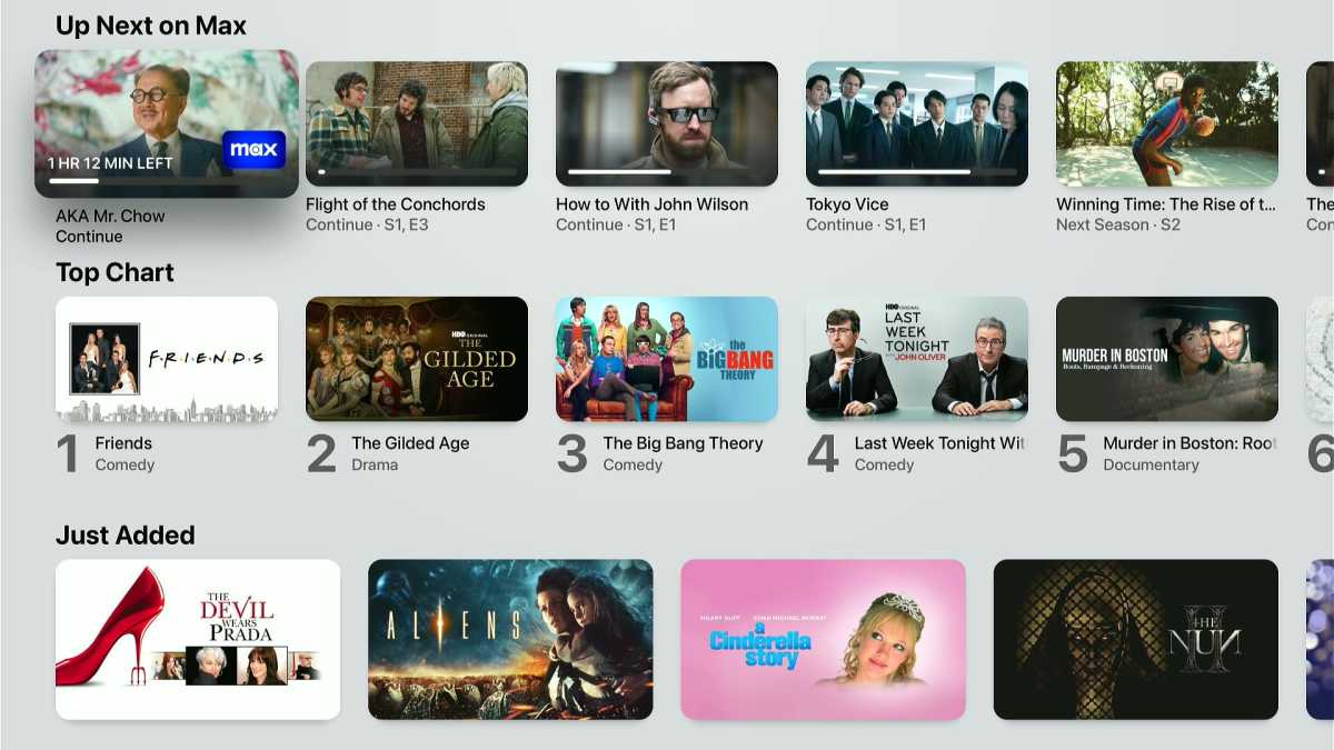 Apple TV app showing Up Next, Top Chart, and Just Added rows for Max content