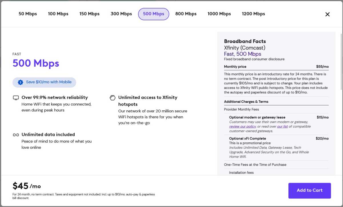 Comcast plan selection page with Broadband Facts label