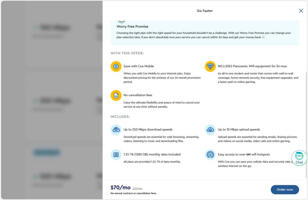 Cox's internet Plan Information page