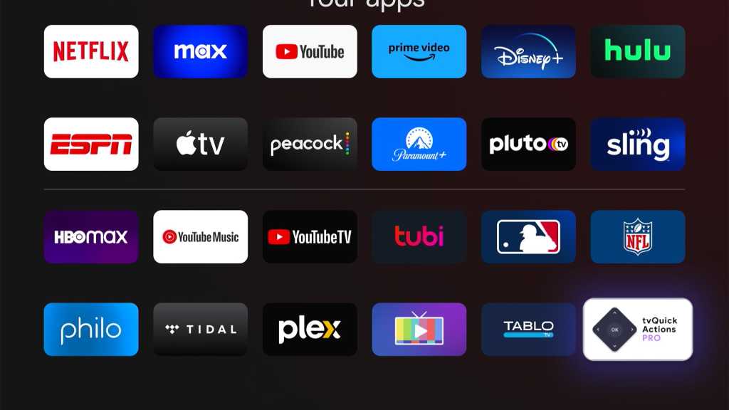 "Your apps" menu on Google TV, witih the tvQuickActions Pro app at the bottom