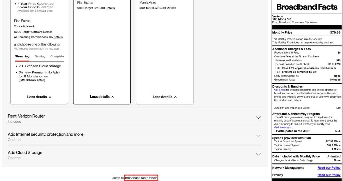Verizon Broadband Facts link and label