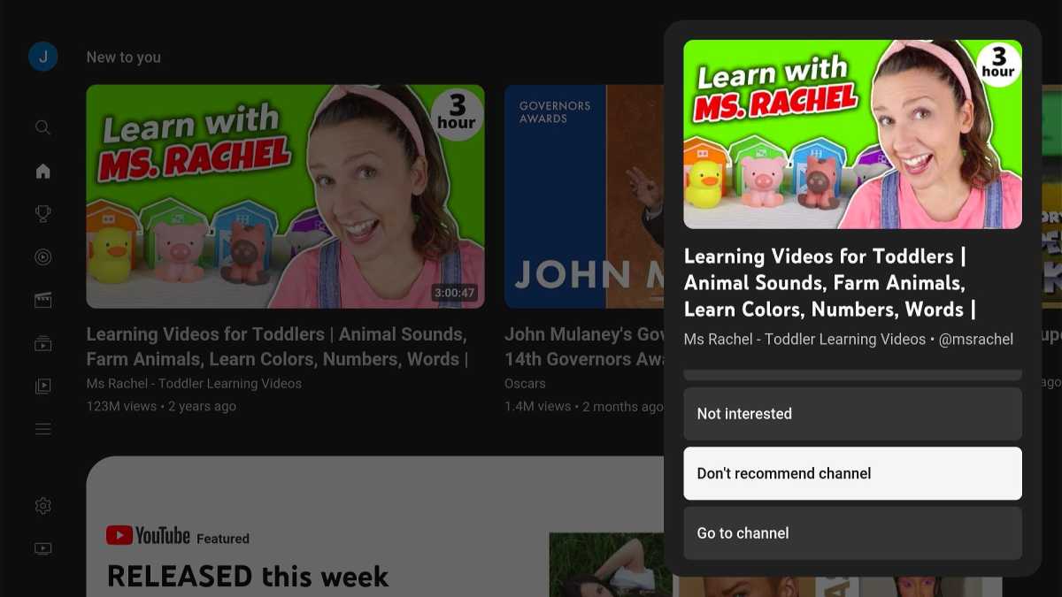 YouTube long-press menu with an option to "Don't recommend channel"