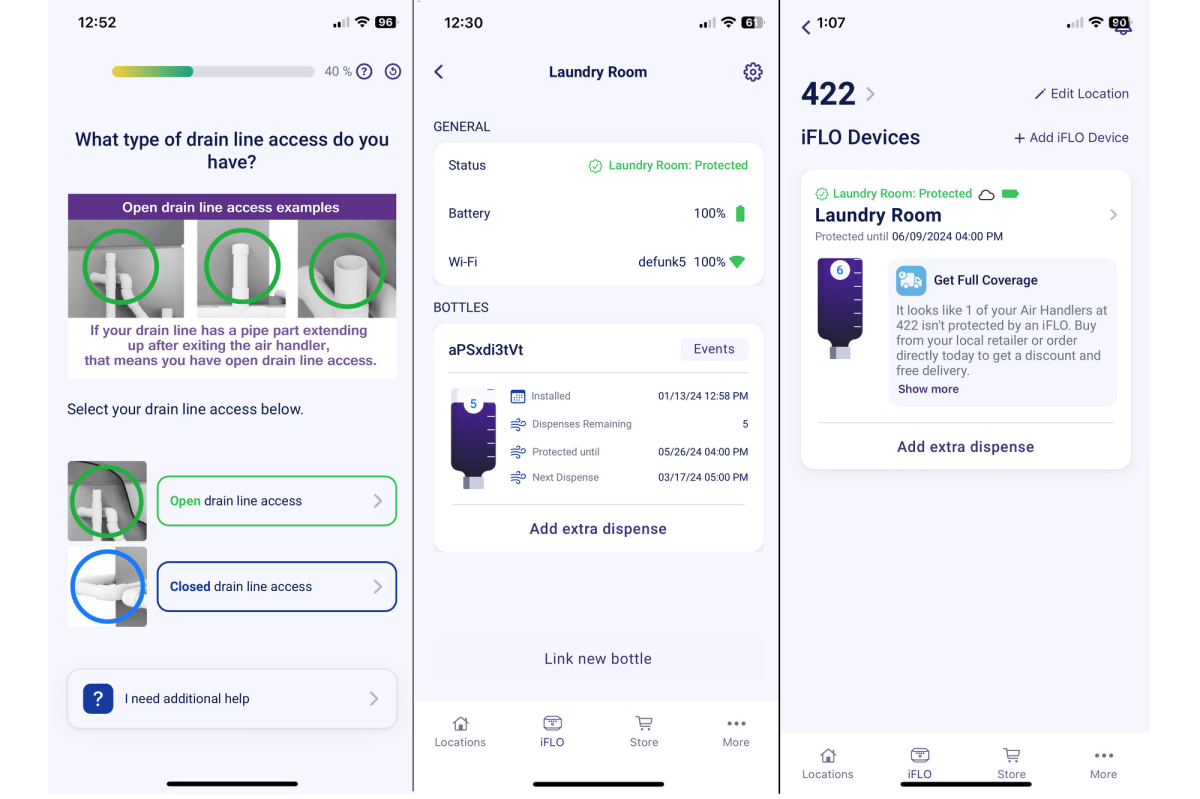 iFlo Smart Automated A/C Drain Line Cleaner app screenshots