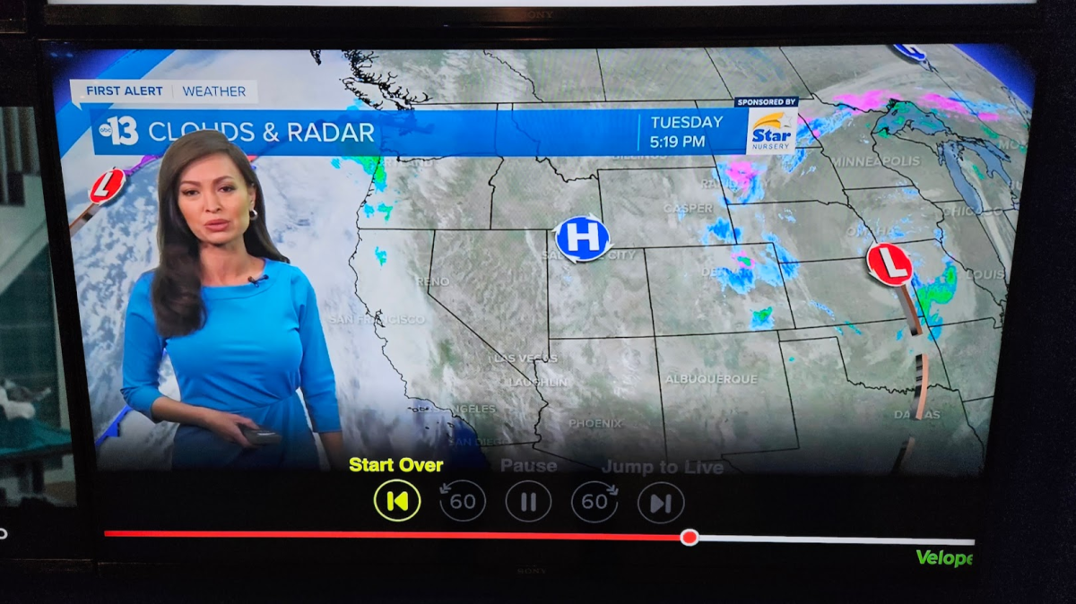 A live weather forecast with a "Start Over" rewind option