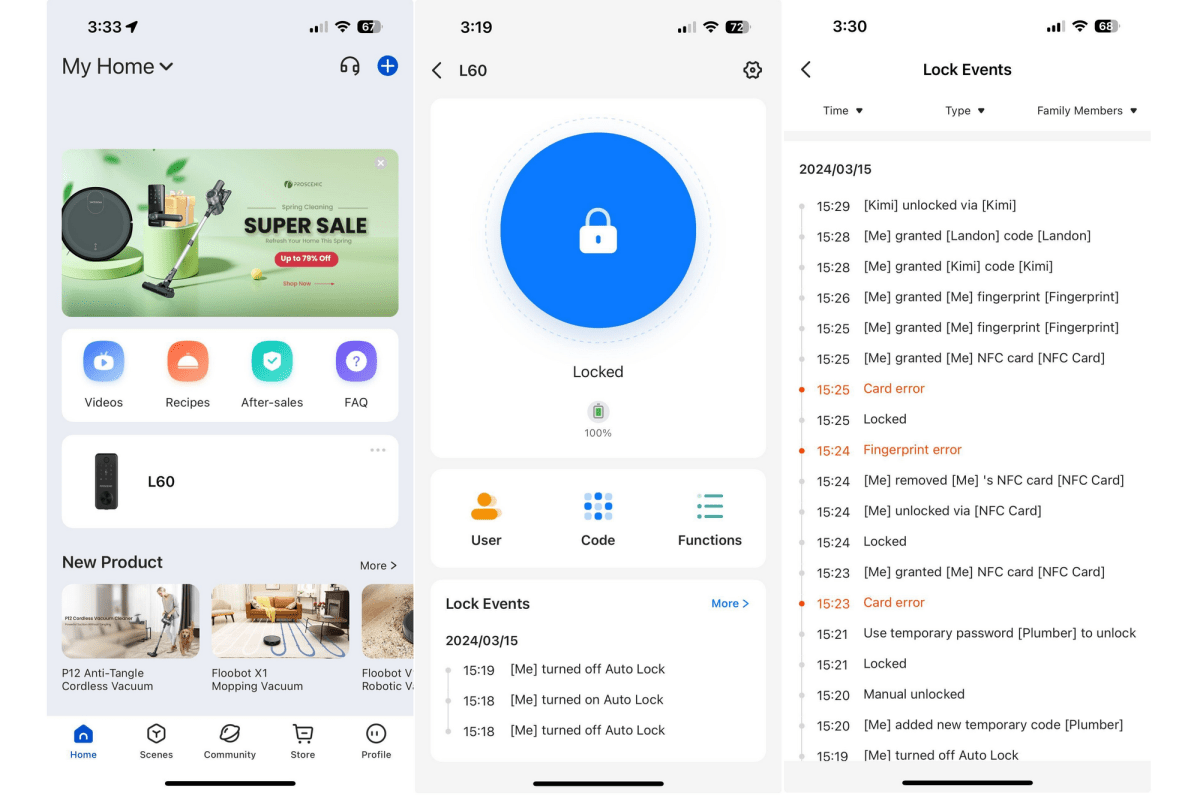 Proscenic Smart Lock L60 app screenshots