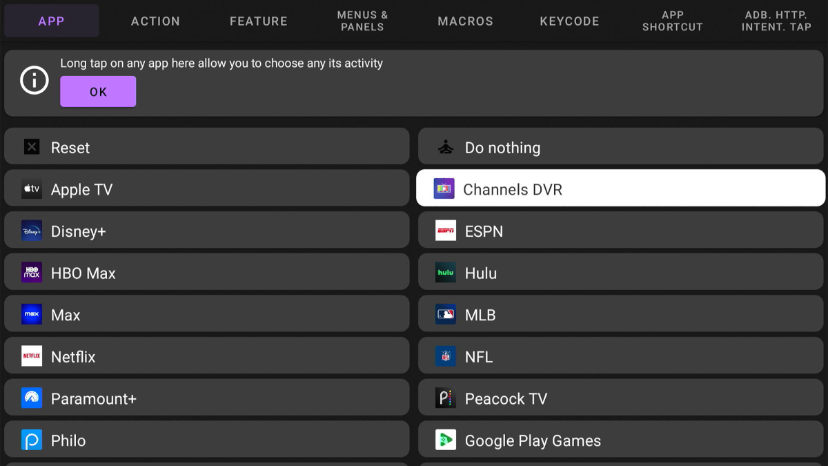 App shortcut remapping in TVQuickActions